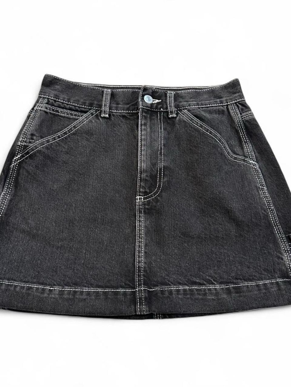 Topshop Black Washed Denim Mini Skirt with Contrast Stitching
